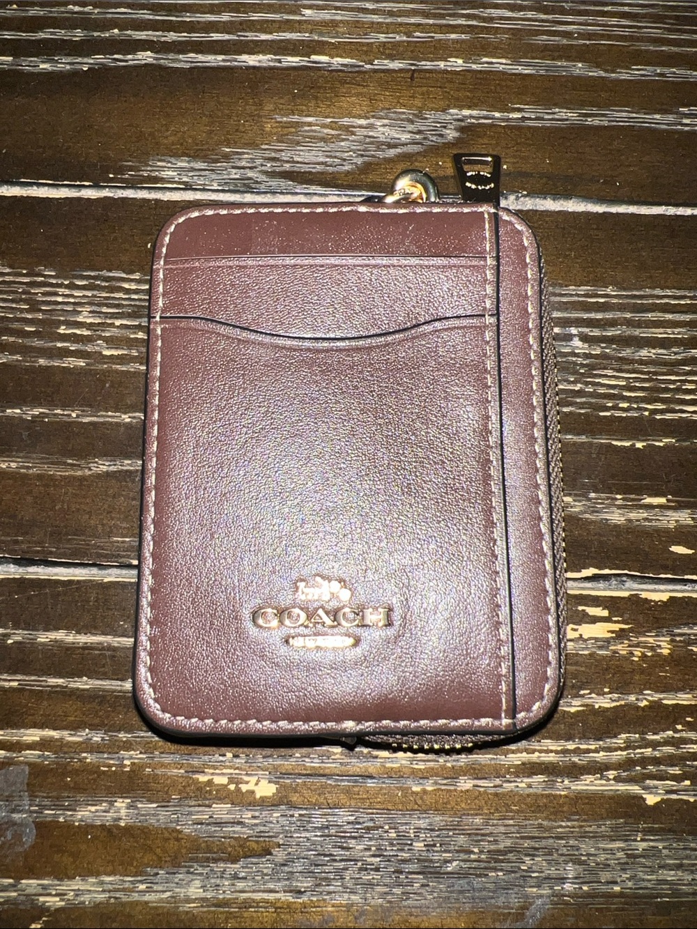 Coach brown Leather Zip Card Holder with Gold Logo